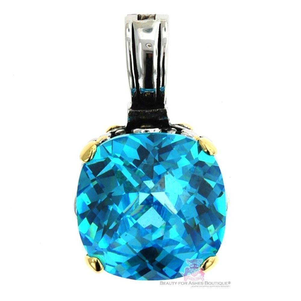 Multi Faceted Throne Room Checker Cushion Cut Aqua Blue Ice Glam Cz Pendant